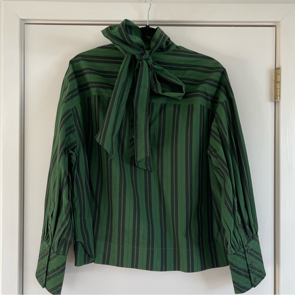 Ganni Mock Neck Tie Stripe Oversized Blouse - Picture 6 of 7